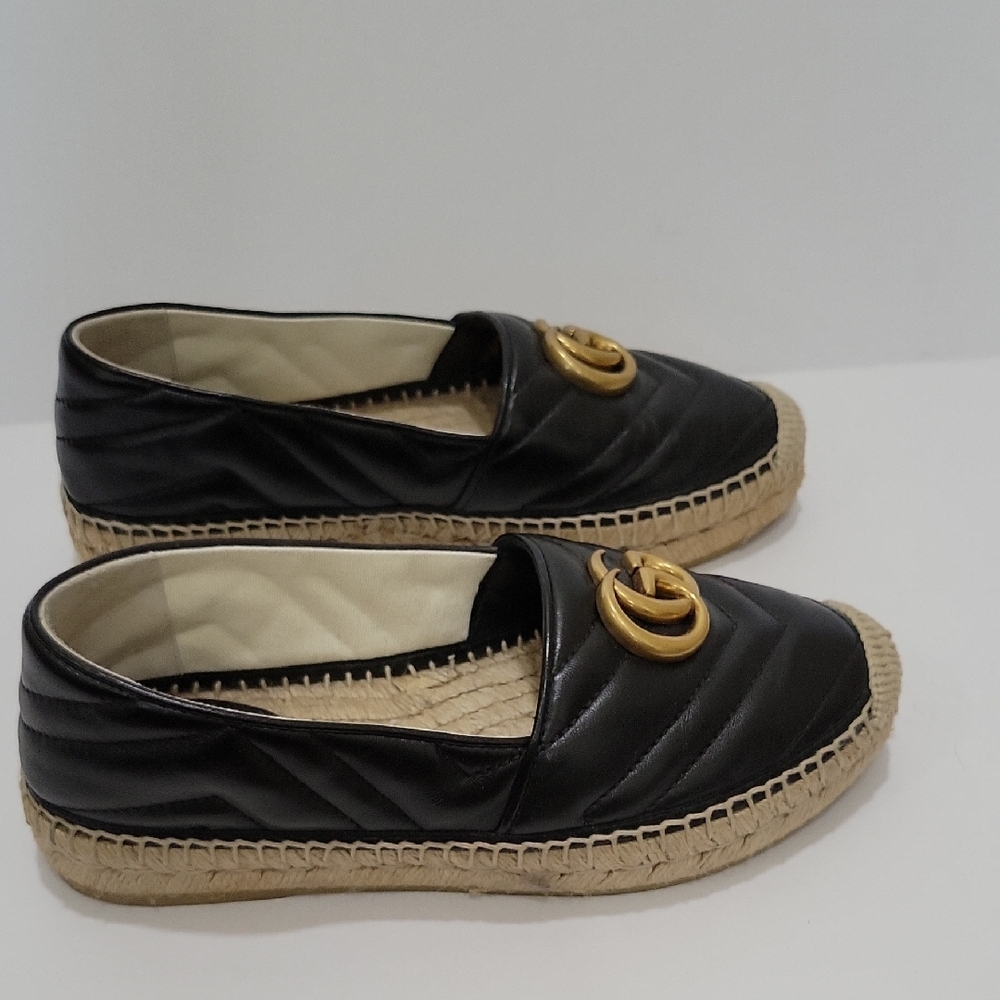 Gucci Black Quilted Leather Espadrille Flats with Gold Double G - Picture 2 of 3